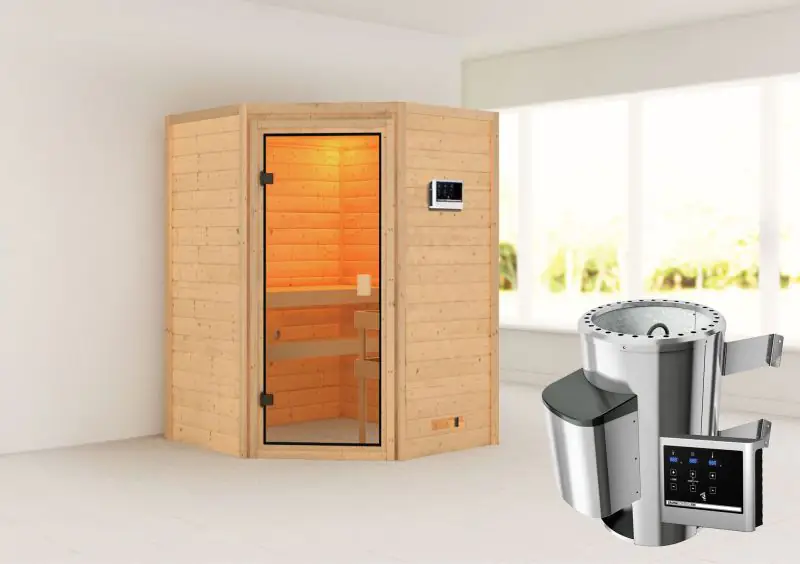 Sauna "Henrik" SET mit bronzierter Tür - Farbe: Natur, Ofen externe Steuerung easy 3,6 kW - 145 x 145 x 187 cm (B x T x H)