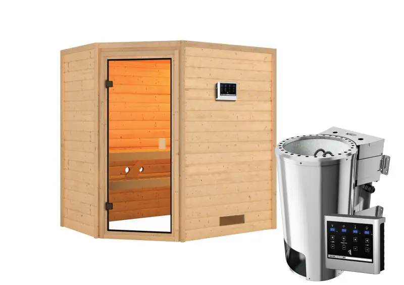 Sauna "Njal" SET mit bronzierter Tür - Farbe: Natur, Ofen BIO 3,6 kW - 195 x 145 x 187 cm (B x T x H)