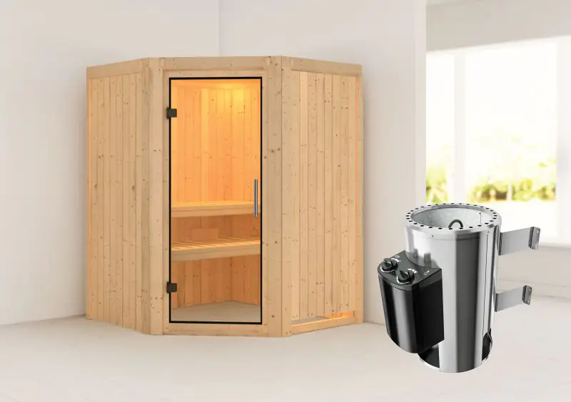Sauna "Loran" SET mit Klarglastür & Ofen 3,6 kW - 151 x 151 x 198 cm (B x T x H)