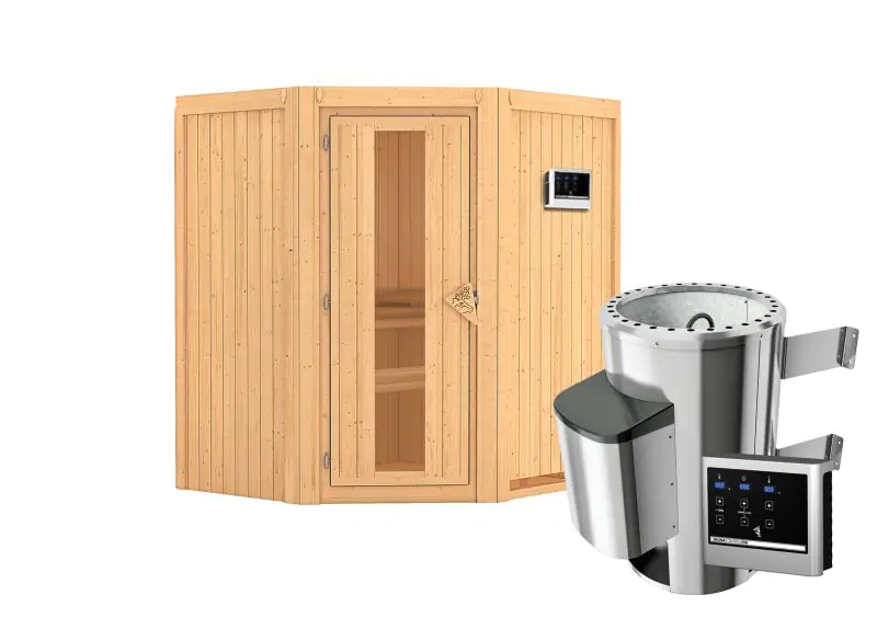 Sauna "Kjell" SET mit Energiespartür - Farbe: Natur, Ofen externe Steuerung easy 3,6 kW - 170 x 151 x 198 cm (B x T x H)