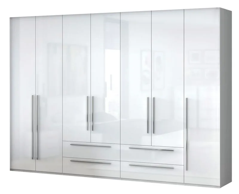 Kleiderschrank | 7 Drehtüren | 4 Schubladen | 8 Fächer | mit 4 Kleiderstangen | 317 cm breit | Farbe: Weiß Abbildung