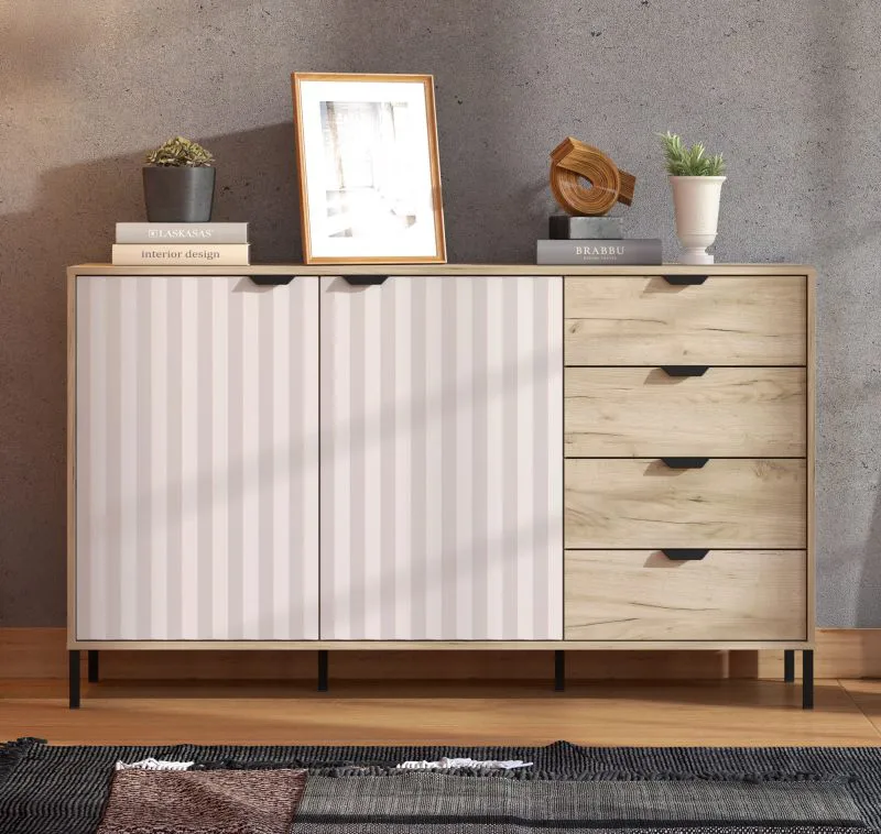Kommode mit vier Schubladen Zitiste 04, Farbe: Eiche Grau / Kaschmir, zwei Türen, vier Fächer, Maße: 92,5 x 157 x 40 cm, einfaches und modernes Design