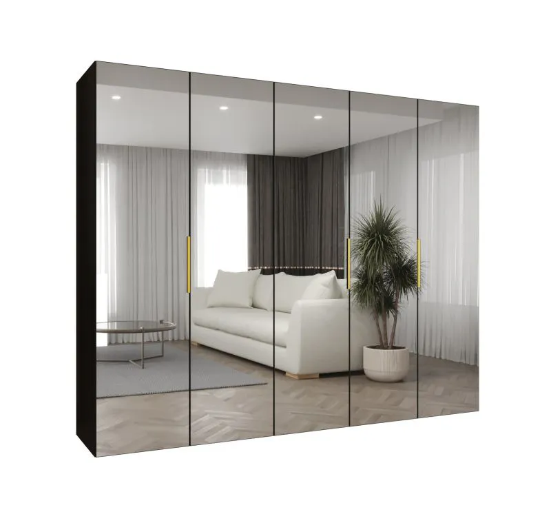 Drehtürenschrank mit drei Kleiderstangen Korab 151, Farbe: Schwarz, Griffe: Gold, 2,5 Meter breit, Soft-Close-Funktion, drei Fächer, fünf Spiegeltüren