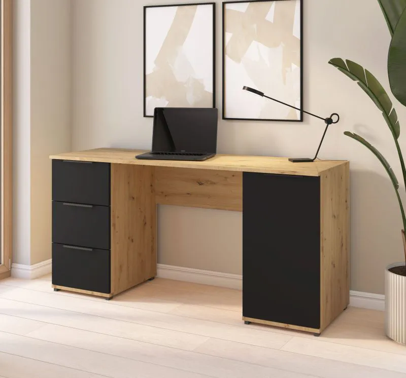 Schreibtisch | Farbe: Eiche Artisan / Schwarz | Push-to-open Funktion | 1 Drehtür | 160 cm Arbeitsfläche | Maße: 160 x 52 x 78 cm | 2 Schubladen | 2 Fächer