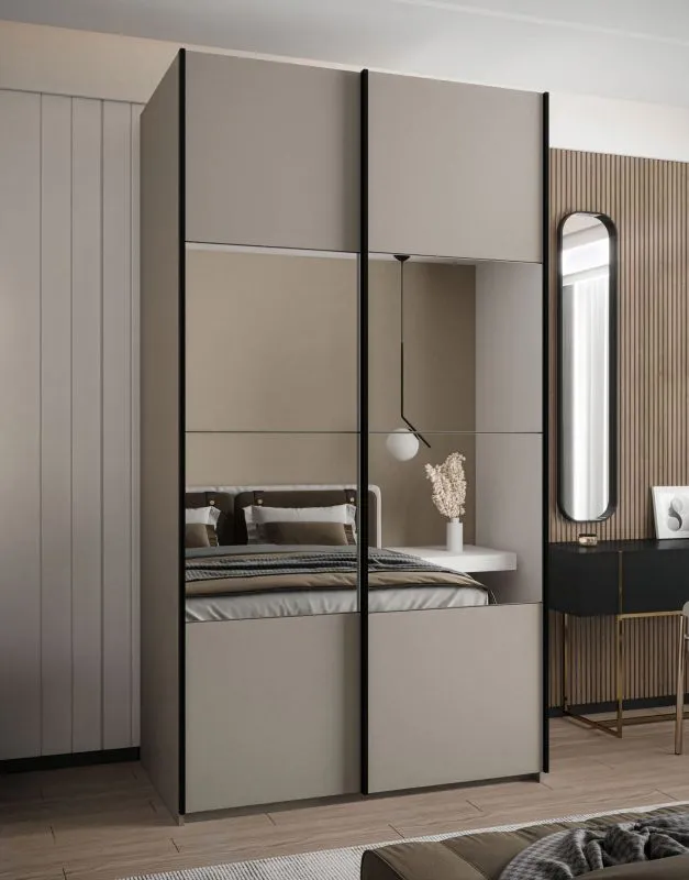 Kleiderschrank / Schiebetürenschrank | 2 Kleiderstangen | 245,5 x 140 x 64 cm | Soft-Close | Spiegel | Soft-Close | 6 Fächer | Farbe: Kaschmir