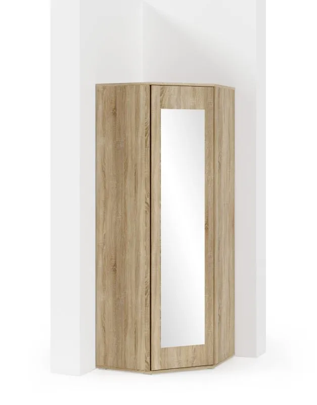 Einfacher Eckkleiderschrank mit Push-to-open Funktion Zapopan 51, Farbe: Eiche Sonoma, Maße: 185 x 70 x 70 cm, mit einer Spiegeltür, fünf Fächer