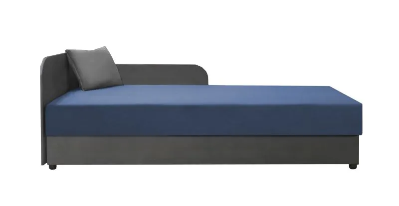 Tagesbett / Gästebett mit Kopfteil links Lobatos 19, Farbe: Grau / Blau, inkl. Kissen, ausklappbarer Stauraum, Liegefläche: 90 x 195 cm, für Gästezimmer