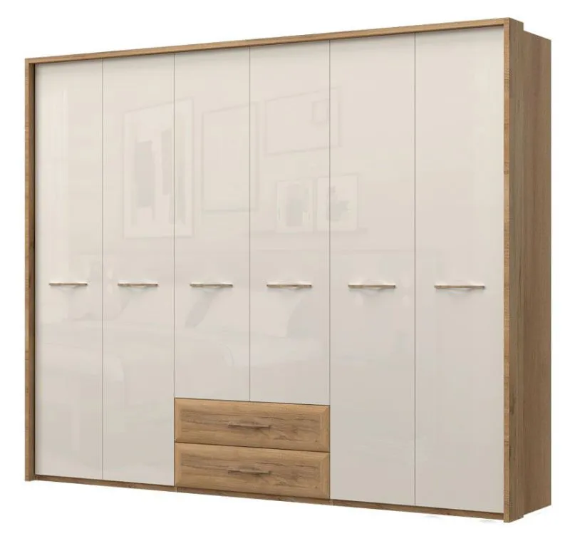 Großer 272 cm breiter Kleiderschrank mit 6 Türen, 7 Fächern und 2 Schubladen | Farbe: Beige | Tiefe: 56 cm Abbildung