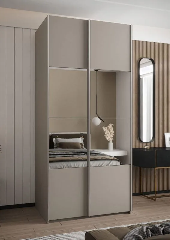 Kleiderschrank / Schiebetürenschrank | Farbe: Kaschmir | Soft-Close | 245,5 x 110 x 64 cm | Spiegel | 6 Fächer | 2 Kleiderstangen | 2 Schiebetüren
