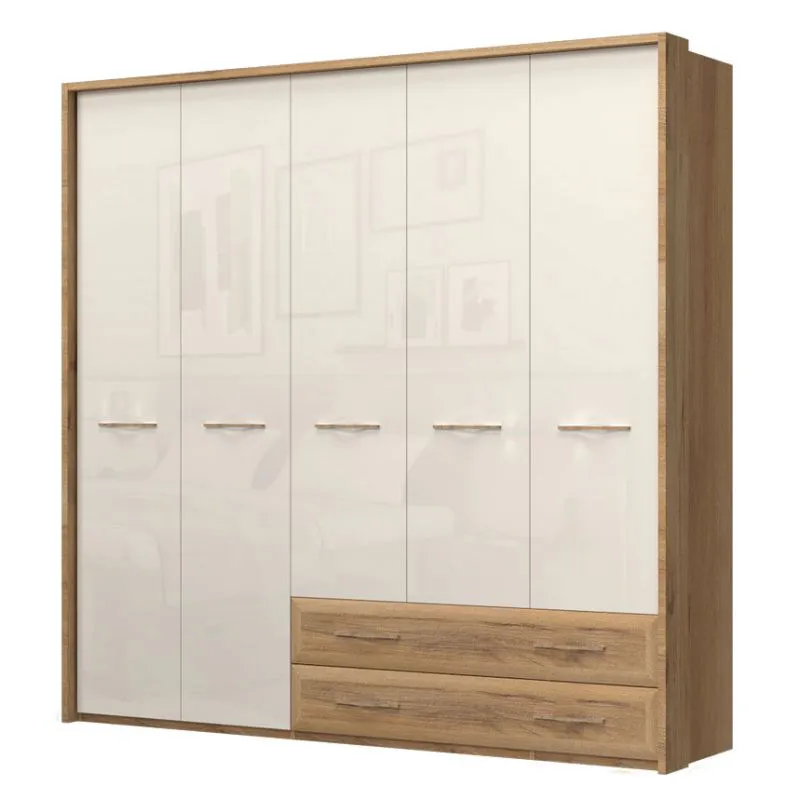 272 cm breiter Kleiderschrank mit 5 Türen, 5 Fächern und 2 Schubladen | Farbe: Beige | Tiefe: 56 cm Abbildung
