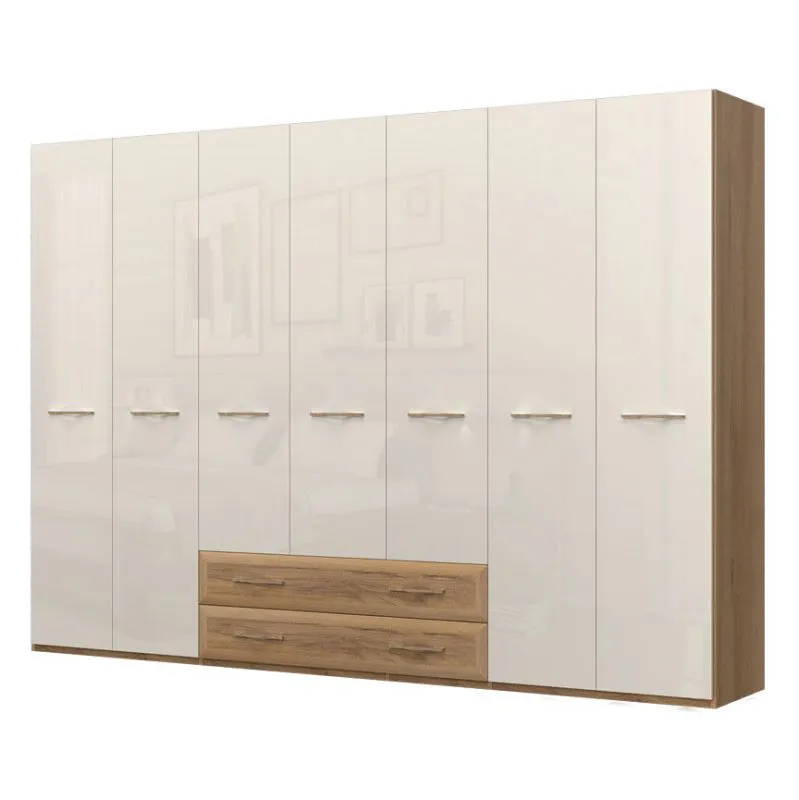 272 cm breiter Kleiderschrank mit 7 Türen, 8 Fächern und 2 Schubladen | Farbe: Beige | Tiefe: 56 cm Abbildung