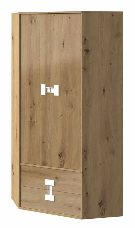 Jugendzimmer - Drehtürenschrank / Eckkleiderschrank Garian 02, Farbe: Eiche / Weiß, Abmessungen: 191 x 88 x 88 cm (H x B x T)