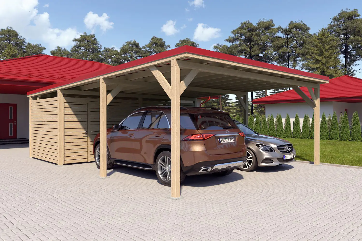 Carport aus Holz für 2 Autos mit Schuppen und Seitenwand