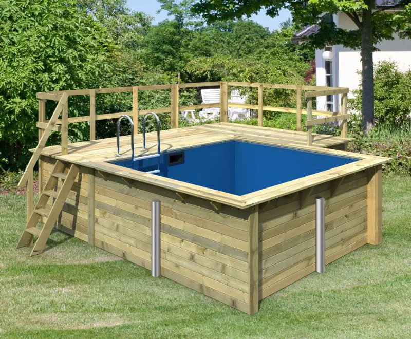 Garten Pool 1 rechteckig aus Holz, Farbe: Natur KDI, Ø 476 cm, inkl. Leitern & Terrasse 2-teilig