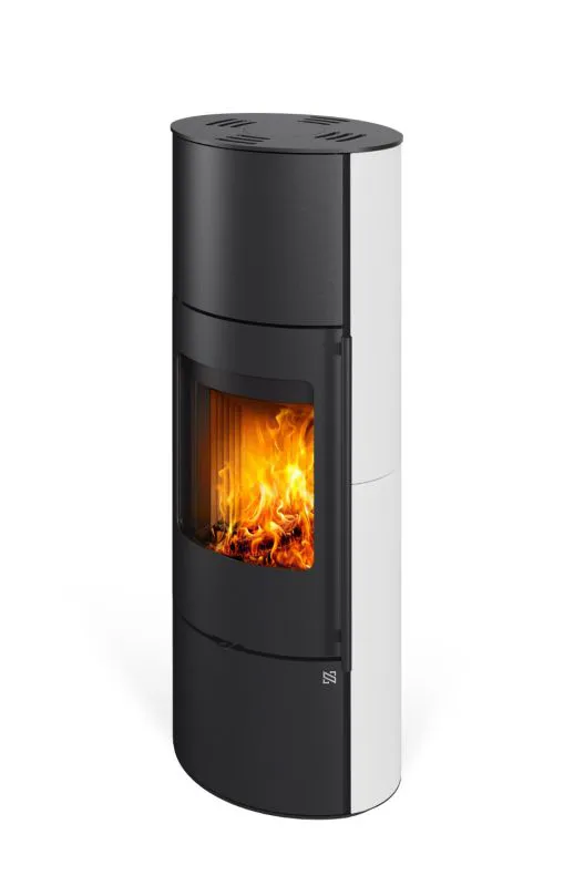 Kaminofen VIDDAL H 10 | Außengehäuse aus Keramik | Holzkamin | aus Stahl | schwarzer Edelstahlgriff | Farbe: Weiß / Schwarz | 5,1 kW