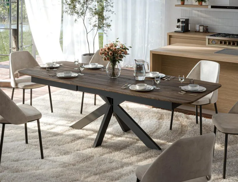 Ausziehbarer Esstisch | abgerundete Kanten | Walnuss Massivholz | Beine: Stahl | 200-250 x 100 x 77 cm | hochwertig Verarbeitet | gekreuzte Tischbeine | modern