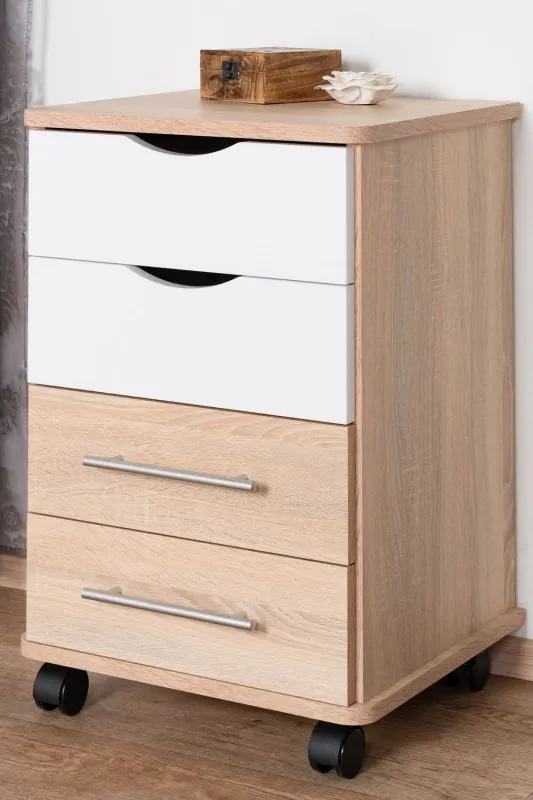 Rollcontainer Banjaran 36, Farbe: Sonoma Eiche / Weiß - Abmessungen: 66 x 45 x 40 cm (H x B x T)