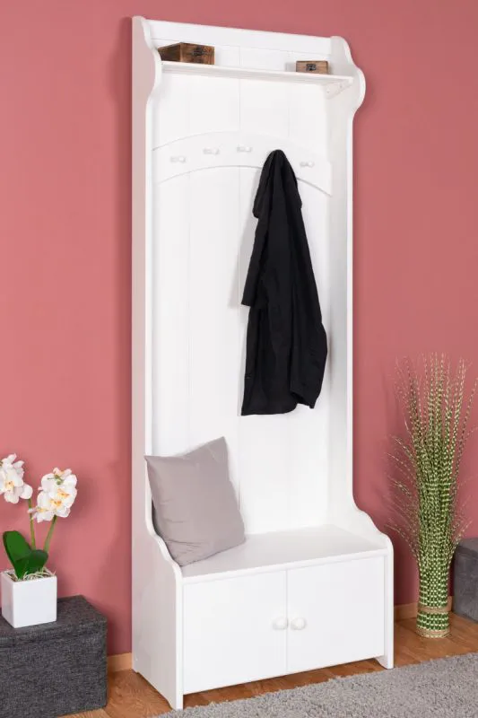Weiße Garderobe Kiefer Massivholz 31, 200 x 72 x 37 cm, mit 1 Ablage und 5 Haken, schlichtes Design, einfache und rasche Montage, praktisches Fach