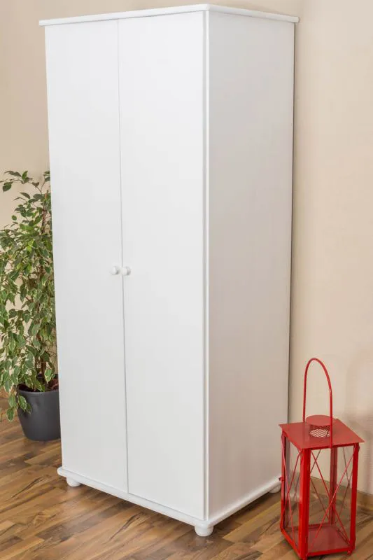 Kleiderschrank | 2 Drehtüren | 1 Fach | mit Kleiderstange | 84 cm breit | Massivholz | Farbe: Weiß Abbildung