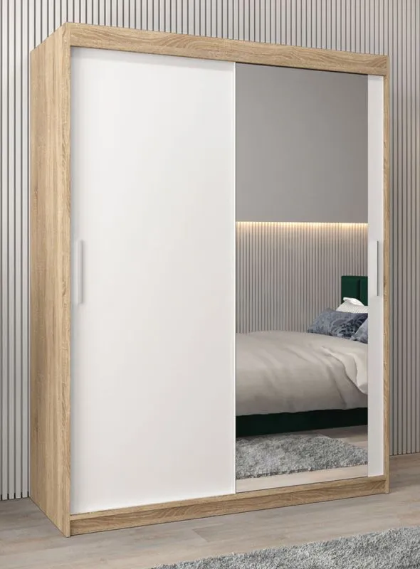 150 cm breiter Kleiderschrank mit 5 Fächern und 2 Türen | Farbe: Sonoma Eiche / Weiß Abbildung