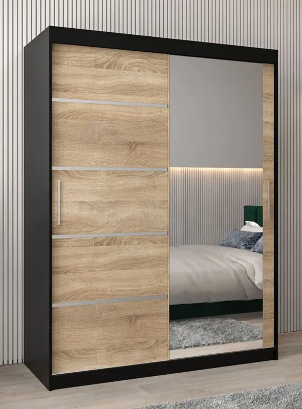 150 cm breiter Schiebetürenschrank mit 2 Türen | 5 Fächer | 2 Kleiderstangen | Farbe: Schwarz Abbildung