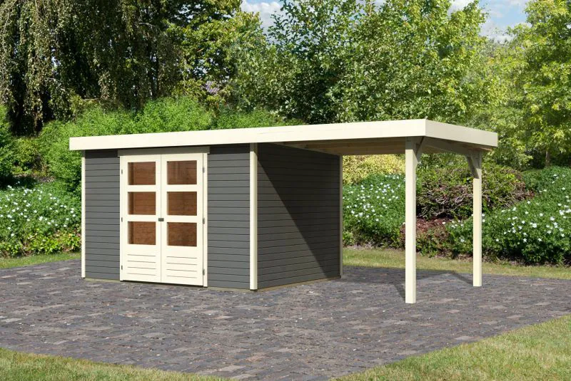 Gartenhaus SET mit Anbaudach, Farbe: Terragrau, Grundfläche: 7,21 m²