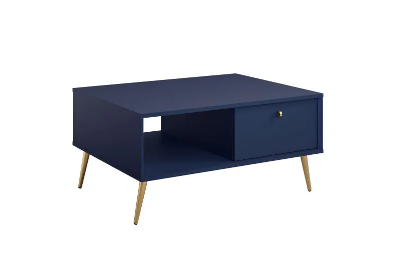 Dunkler Couchtisch Egaleo 03, Farbe: Dunkelblau, eine Kipptür, ein Fach, Kaffeetisch, Maße: 43 x 87 x 66 cm, ein offenes Fach, Griffe & Beine: Metall