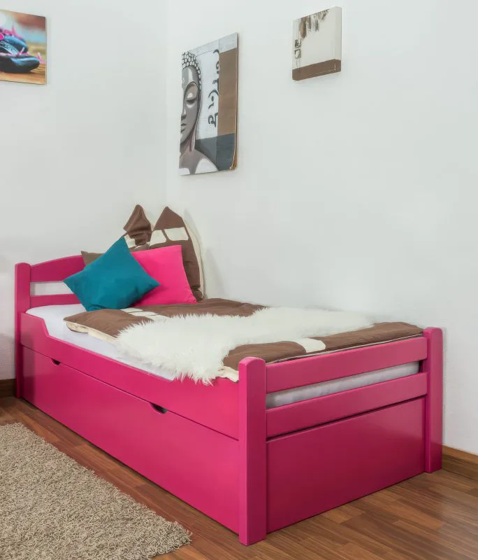 Einzelbett / Gästebett "Easy Premium Line" K1/2h inkl. 2. Liegeplatz und 2 Abdeckblenden, 90 x 200 cm Buche Vollholz massiv rosa lackiert