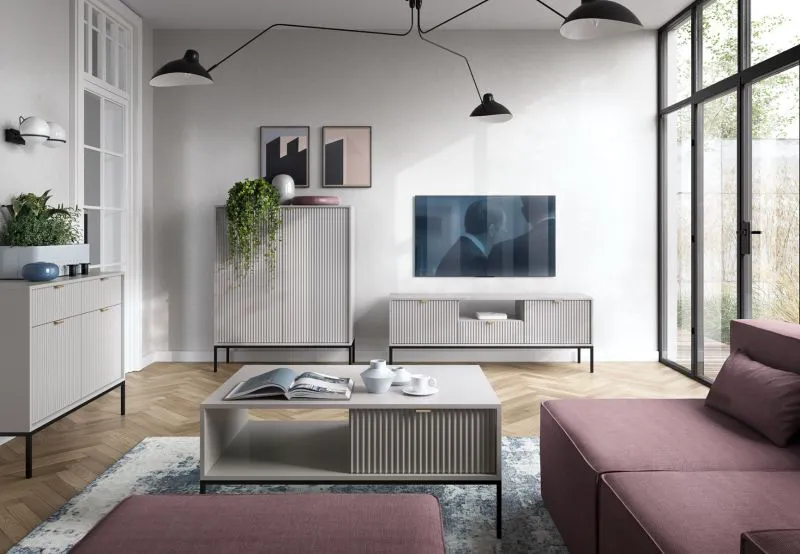 Wohnzimmer Komplett - Set Q Worthing, 4-teilig, Farbe: Grau / Schwarz / Gold