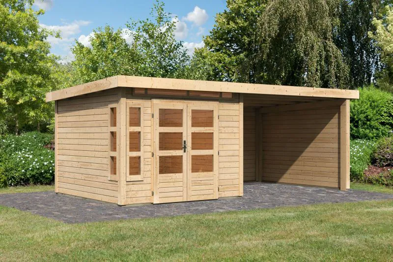 Gartenhaus SET naturbelassen mit Anbaudach 3,2 m, Rückwand, Seitenwand, Grundfläche: 7m²