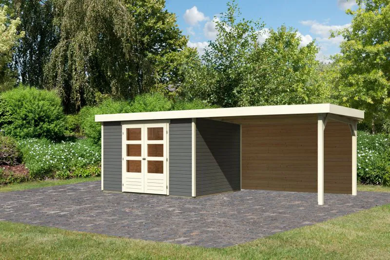 Gartenhaus SET terragrau mit Anbaudach 2,8 m Breite, Rückwand, Grundfläche: 7,21 m²