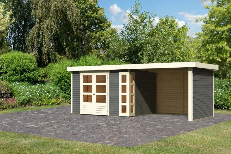 Gartenhaus SET terragrau mit Anbaudach 2,8, Seiten- und Rückwand, Grundfläche: 7m²
