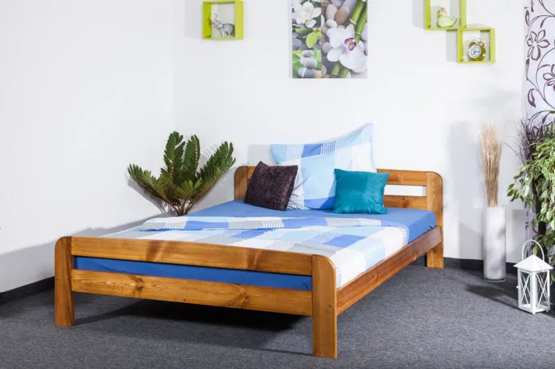 Doppelbett / Gästebett Kiefer Vollholz massiv Eichefarben A6, inkl. Lattenrost - Abmessung 160 x 200 cm