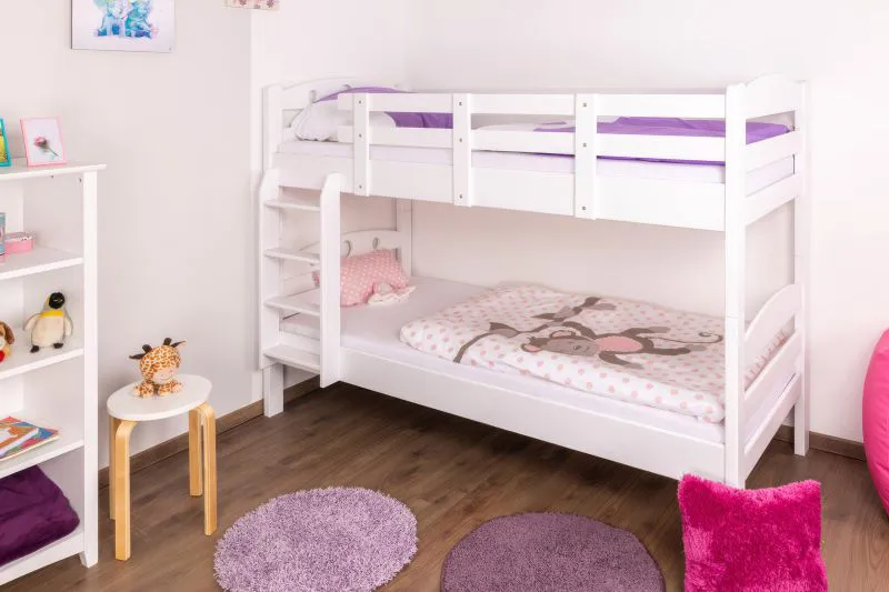Etagenbett / Stockbett "Easy Premium Line" K18/n, Kopfteil mit Löchern, Buche Vollholz massiv Weiß - 90 x 200 cm, (L x B) teilbar