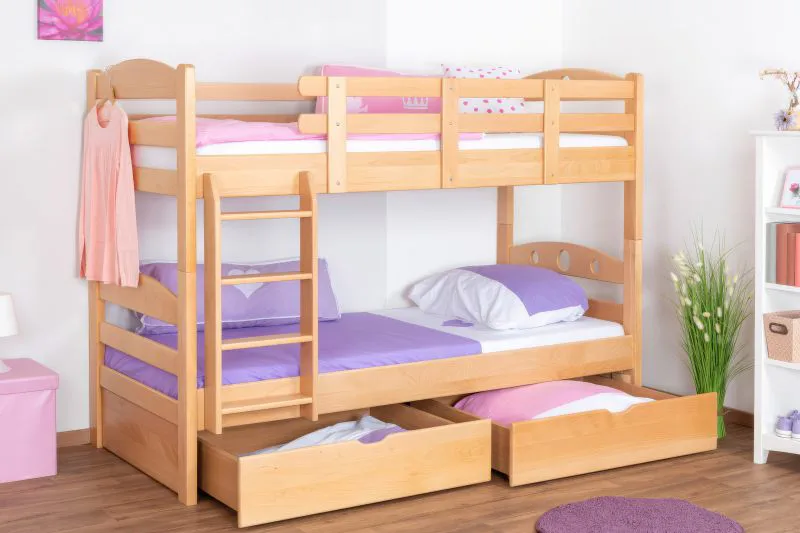 Etagenbett / Stockbett "Easy Premium Line" K18/n inkl. 2 Schubladen und 2 Abdeckblenden, Kopfteil mit Löchern, Buche Vollholz massiv Natur - Liegefläche: 90 x 200 cm, (B x L) teilbar