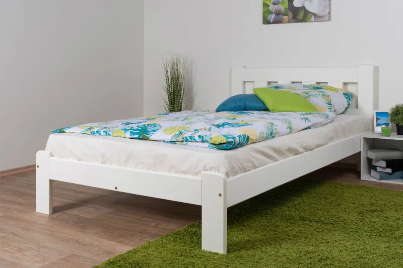 Einzelbett / Gästebett Kiefer Vollholz massiv weiß lackiert A21, inkl. Lattenrost - Abmessung 140 x 200 cm 