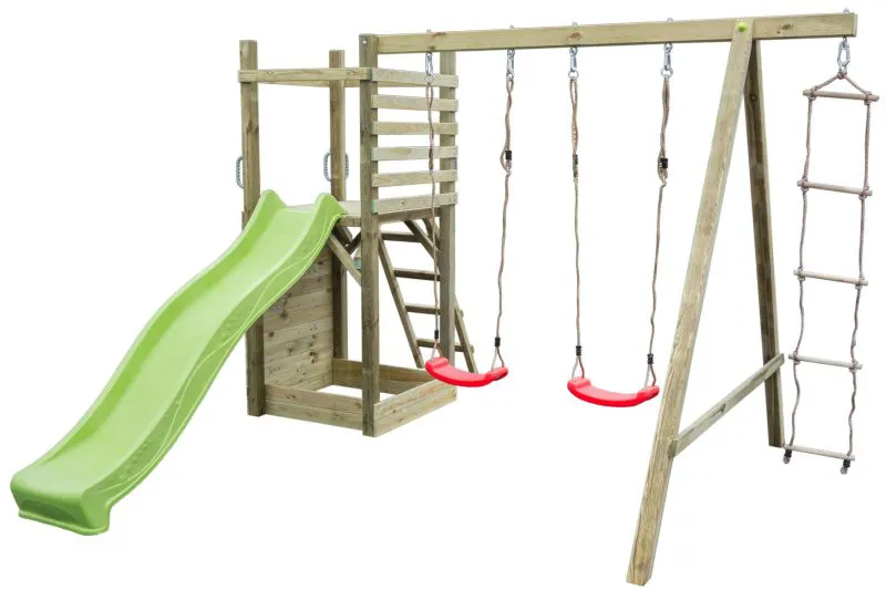 Spielturm PZ6A, inkl. Wellenrutsche, Doppelschaukel-Anbau, Sandkasten, Kletterwand und Strickleiter, 328 x 340 cm, Kinderspielturm