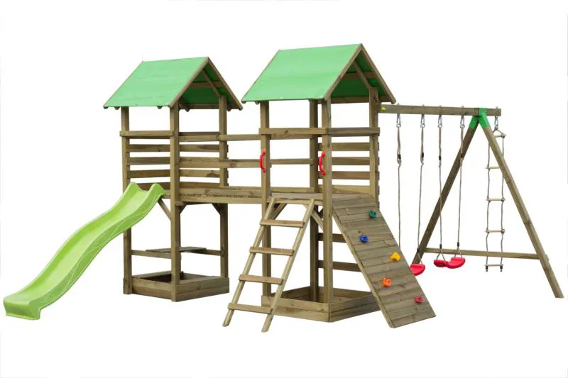 Spielturm S17 inkl. 2 Türme, Holzbrücke, Wellenrutsche, 2 Sandkästen, Doppelschaukel-Anbau, Kletterwand, Strickleiter und Holzleiter - Abmessungen: 430 x 380 cm (B x T)