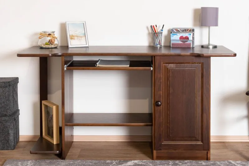 Moderner Schreibtisch Kiefer massiv Vollholz Wallnussfarben Junco 193, 75 x 145 x 57 cm, geräumig und stabil, mit 3 Fächer, ausziehbaren Tastaturfach, Abstellplatz für PC