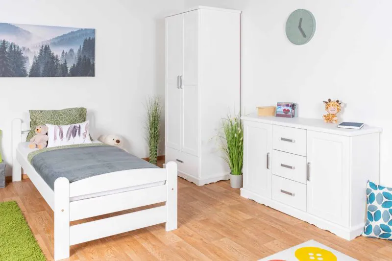 Kinderzimmer-Jugendzimmer im Landhausstil - Set A Bueto, 3-teilig, Weiß,  Massivholz, Bett mit Liegefläche: 80 x 200 cm, Kleiderschrank und Kommode
