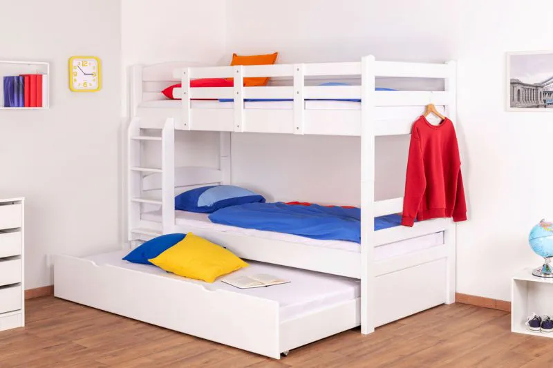 90 x 200 cm Etagenbett inkl. Ausziehbett für 3. Liegeplatz 90 x 190 cm (Bettkasten/Stauraum) | Massivholz: Buche | Weiß Lackiert | umbaubar in zwei Einzelbetten | Premium-Qualität | inkl. Rollroste Abbildung