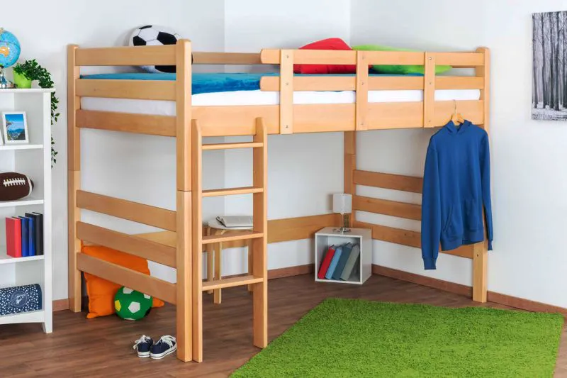 Hochbett 120 x 200 cm | Massivholz: Buche | Natur Lackiert | umbaubar in Einzelbett | Premium-Qualität | inkl. Rollrost Abbildung