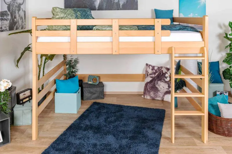 Breites Hochbett 160 x 190 cm | Massivholz: Buche | Natur Lackiert | umbaubar in Einzelbett | Premium-Qualität | inkl. Rollrost Abbildung