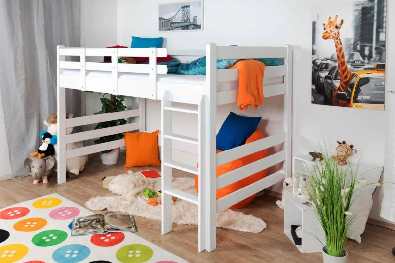 Hochbett 120 x 190 cm | Massivholz: Buche | Weiß Lackiert | umbaubar in Einzelbett | Premium-Qualität | inkl. Rollrost Abbildung