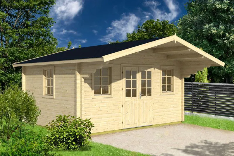Holz-Gartenhaus 5,3 x 5,24 Meter (inkl. Dach) | 3 Fenster | 70 mm Blockbohlen |natur unbehandelt | Satteldach | inkl. Fußboden | aus nordischer Fichte Abbildung
