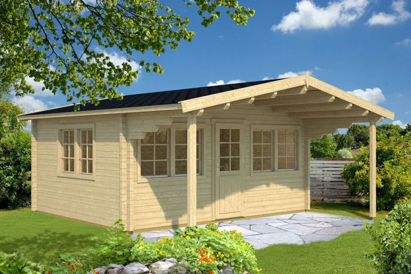 Holz-Gartenhaus 6 x 5,48 Meter (inkl. Dach) | 3 Fenster | 70 mm Blockbohlen |natur unbehandelt | Satteldach | inkl. Fußboden | aus nordischer Fichte Abbildung