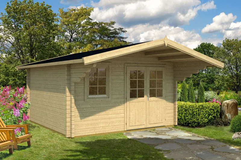 Holz-Gartenhaus 4,7 x 4,26 Meter (inkl. Dach) | 1 Fenster | 70 mm Blockbohlen |natur unbehandelt | Satteldach | inkl. Fußboden | aus nordischer Fichte Abbildung