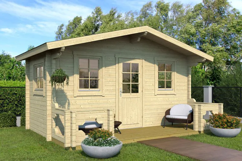 Holz-Gartenhaus 3,64 x 4,24 Meter (inkl. Dach) | 4 Fenster | 70 mm Blockbohlen |natur unbehandelt | Satteldach | inkl. Fußboden | aus nordischer Fichte Abbildung