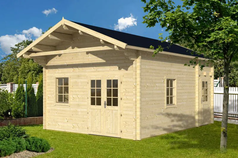 Holz-Gartenhaus 6,95 x 4,9 Meter (inkl. Dach) | 5 Fenster | 70 mm Blockbohlen |natur unbehandelt | Satteldach | inkl. Fußboden | aus nordischer Fichte Abbildung