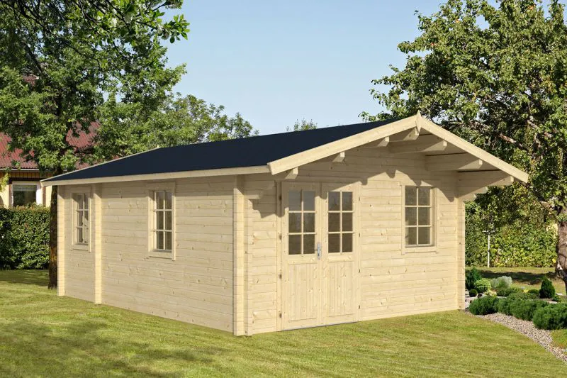 Holz-Gartenhaus 6,95 x 4,9 Meter (inkl. Dach) | 5 Fenster | 70 mm Blockbohlen |natur unbehandelt | Satteldach | inkl. Fußboden | aus nordischer Fichte Abbildung